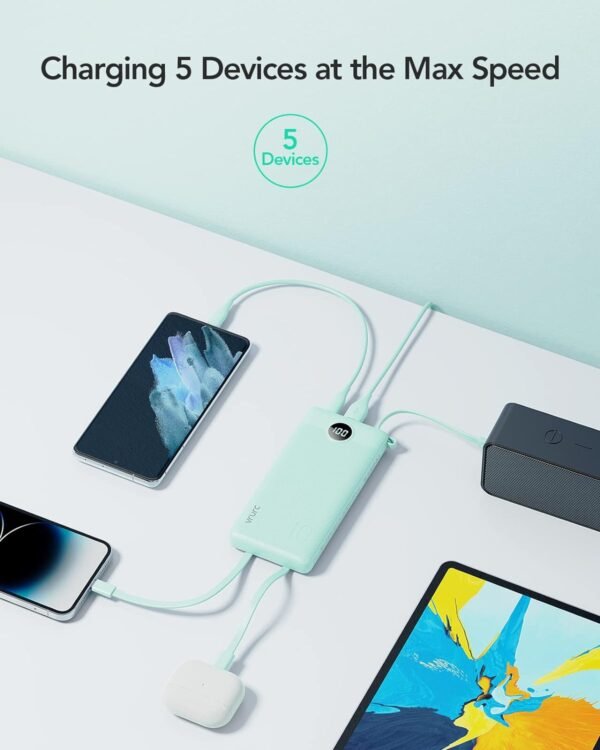 VRURC Portable Charger with Built-in Cables, 10000mAh LED Display USB C Power Bank, 5 Output 2 Input Travel Phone Charger, Slim External Battery Compatible with iPhone,Samsung,Android-Green(1 Pack) - Image 3