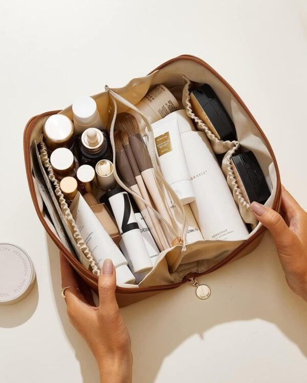 Travel Makeup Bag,Large Capacity Cosmetic Bags for Women,Waterproof Portable Pouch Open Flat Toiletry Bag Make up Organizer with Divider and Handle - Image 8