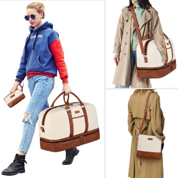 Weekender Bags for Women, Large Overnight Bag Canvas Travel Duffel Bag Carry On Tote with Shoe Compartment 21" 3Pcs Set - Image 6