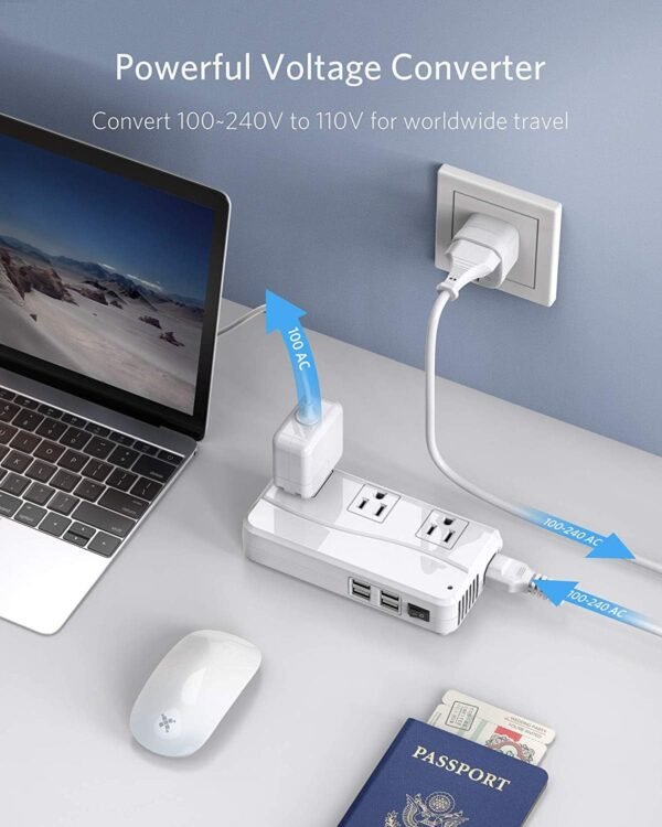 BESTEK Universal Travel Adapter 100-220V to 110V Voltage Converter 250W with 6A 4-Port USB Charging 3 AC Sockets and EU/UK/AU/US/India Worldwide Plug Adapter (White) - Image 2